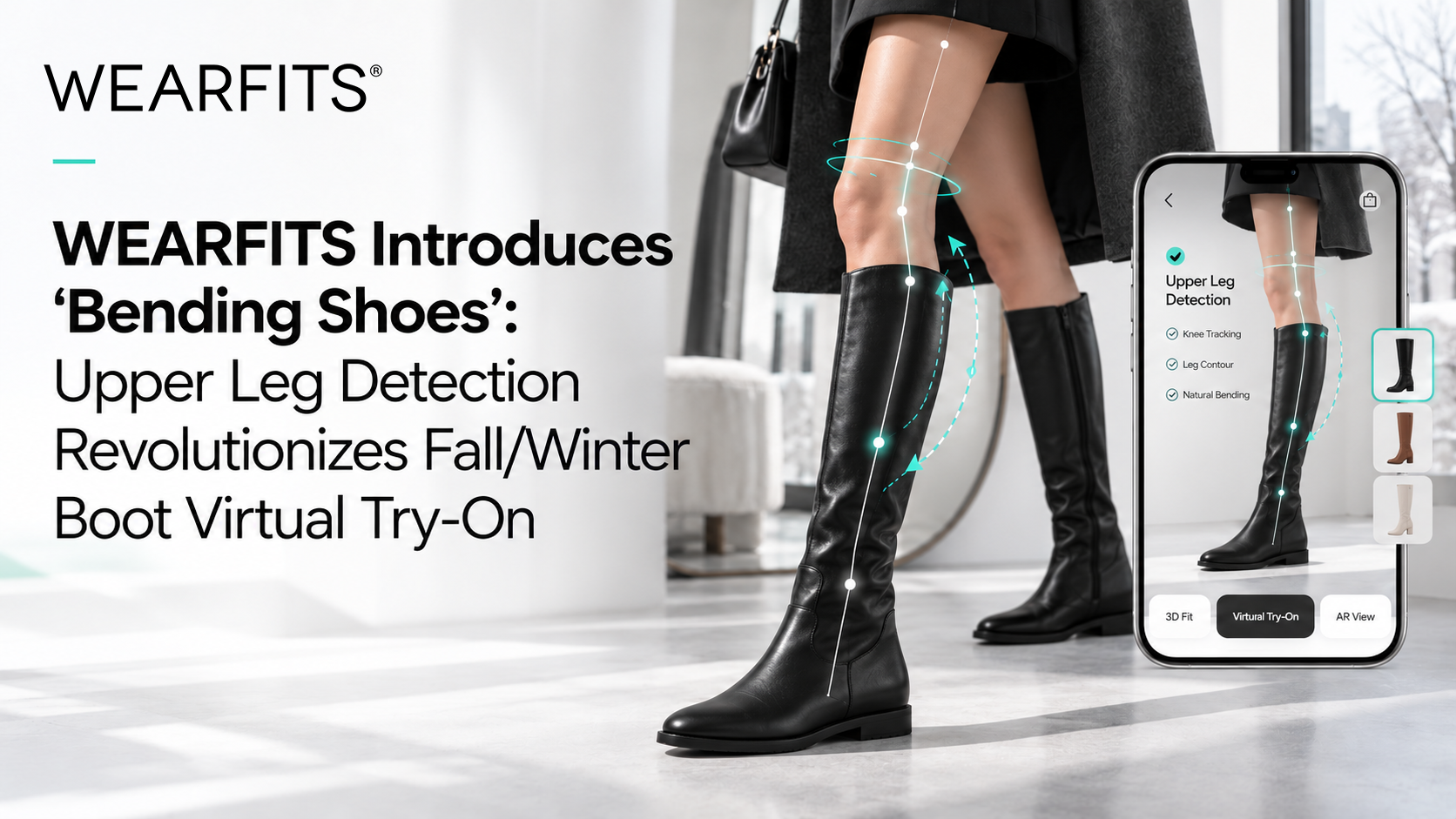 WEARFITS Bending Shoes illustration showing tall black boots, upper leg tracking and natural boot bending in a smartphone AR try-on.