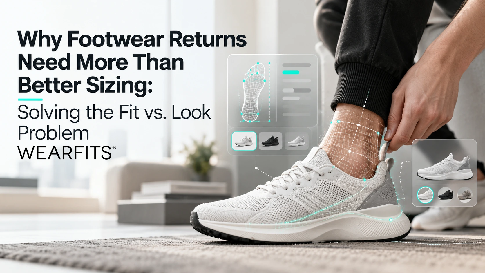 WEARFITS AI foot measurement and AR shoe try-on showing a white sneaker with a digital fit overlay.