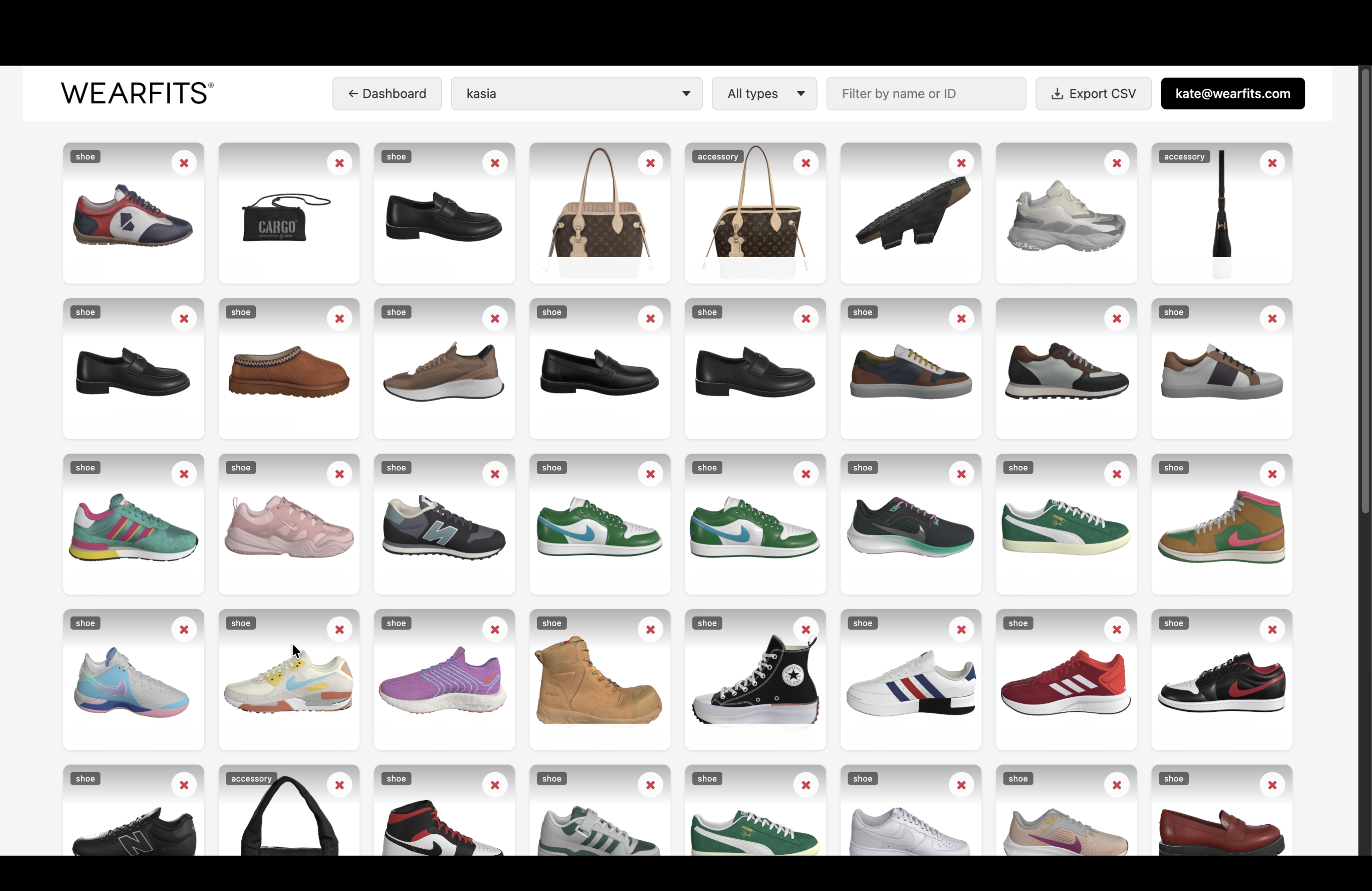 WEARFITS models library showing a scalable catalog of digitized footwear and accessories.