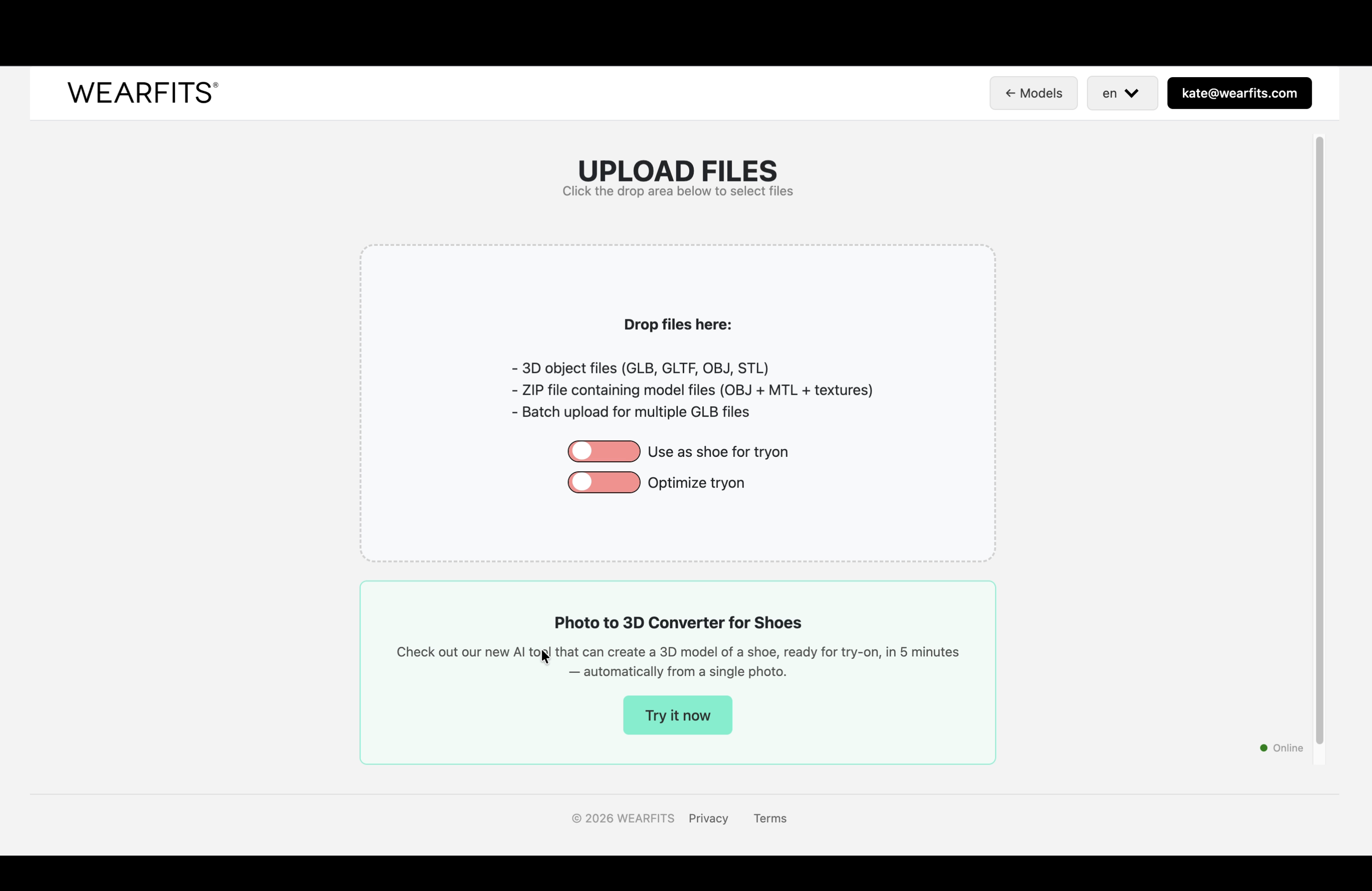 WEARFITS upload flow for turning 3D files or photos into try-on-ready assets.