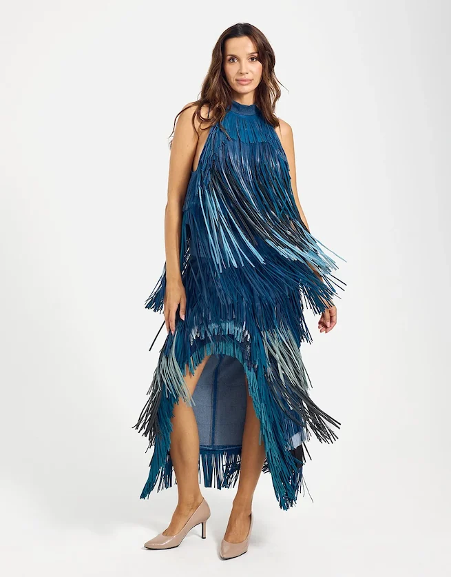 Blue fringed halter-neck dress — design by DRESLOW