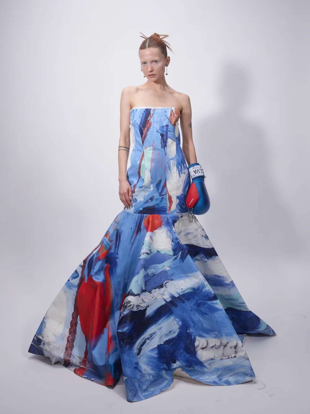 Blue, white and red printed gown with a flowing train — design by SLVA