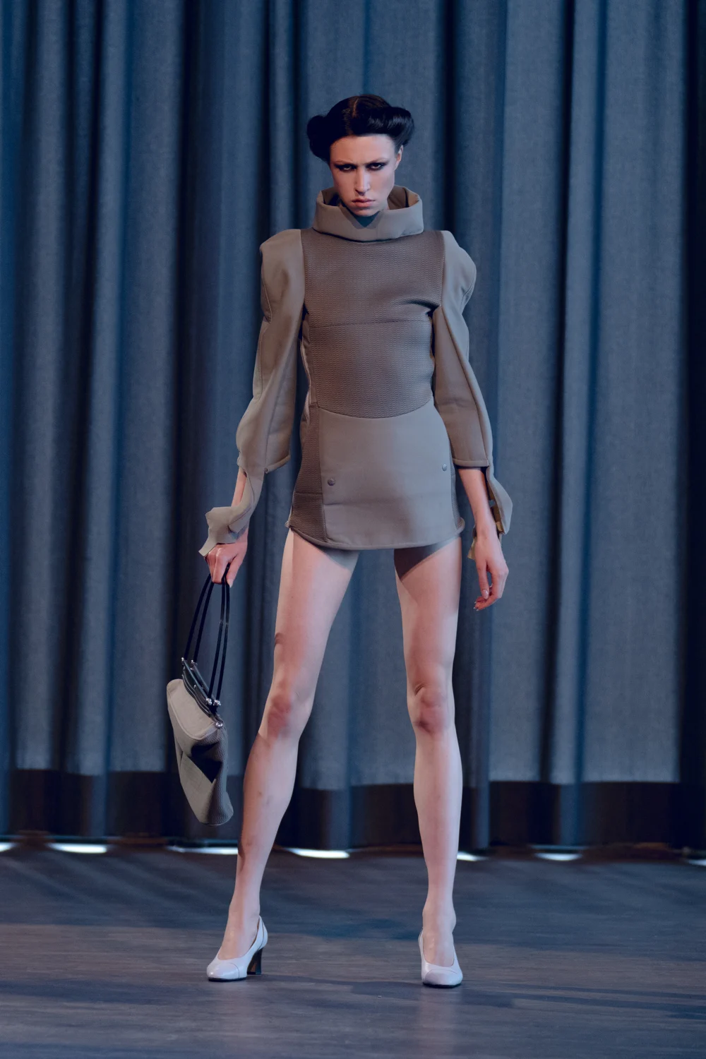 Structured grey runway outfit — design by SLVA