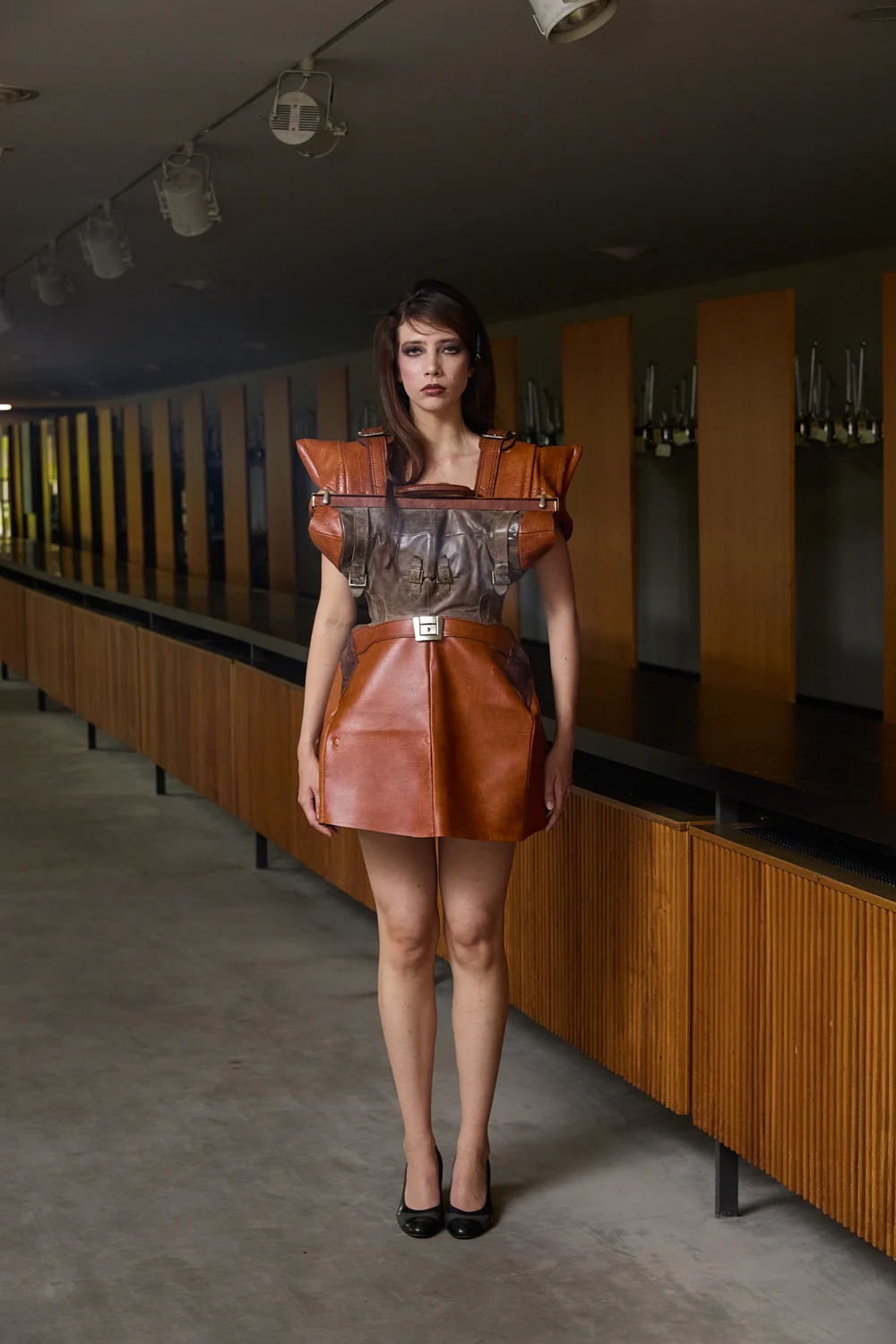 Copper-toned structured mini dress — design by SLVA
