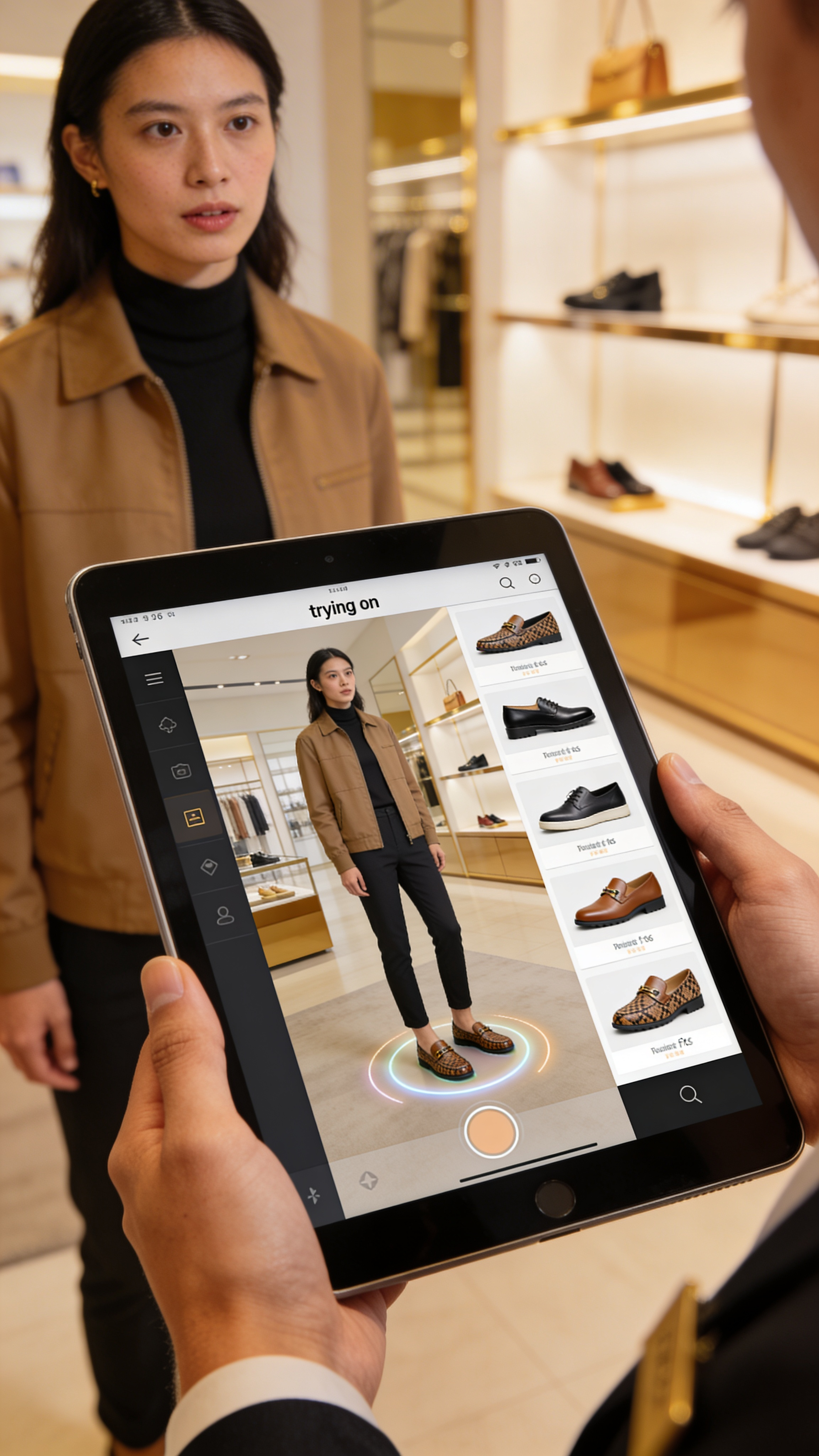 Sales assistant using iPad virtual try-on to show products in store