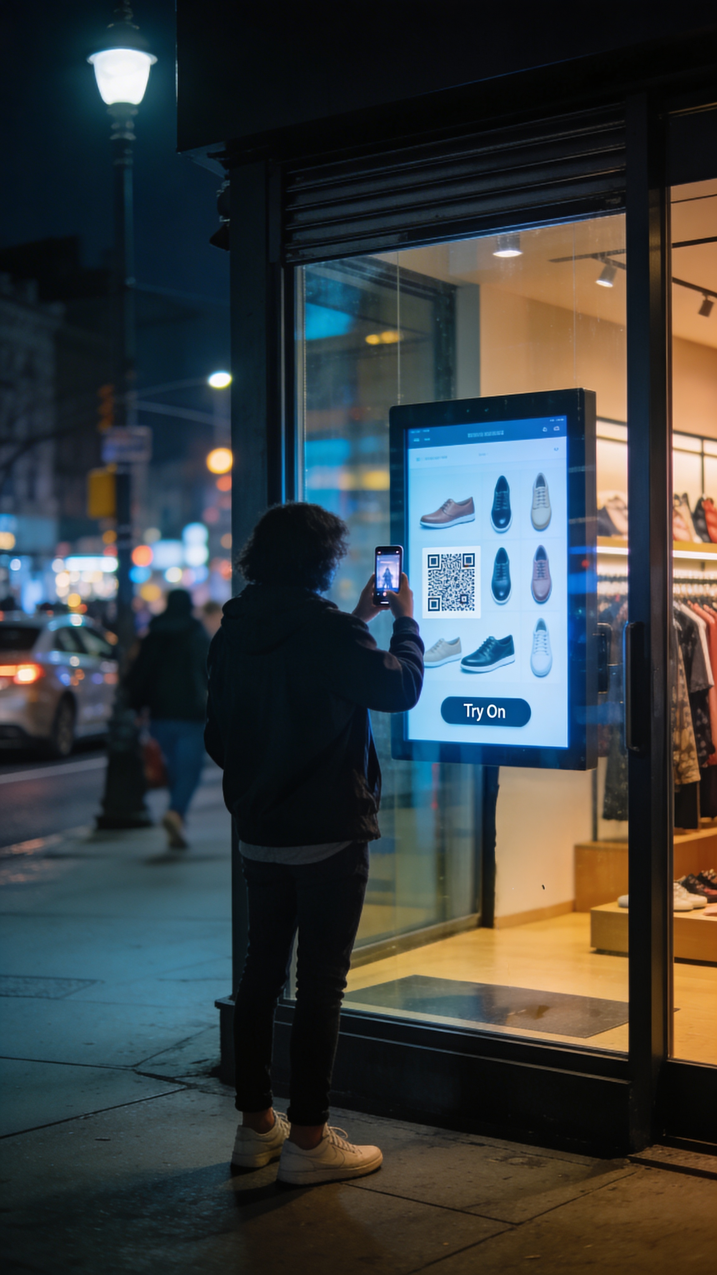Storefront window display with QR handoff for after-hours virtual try-on