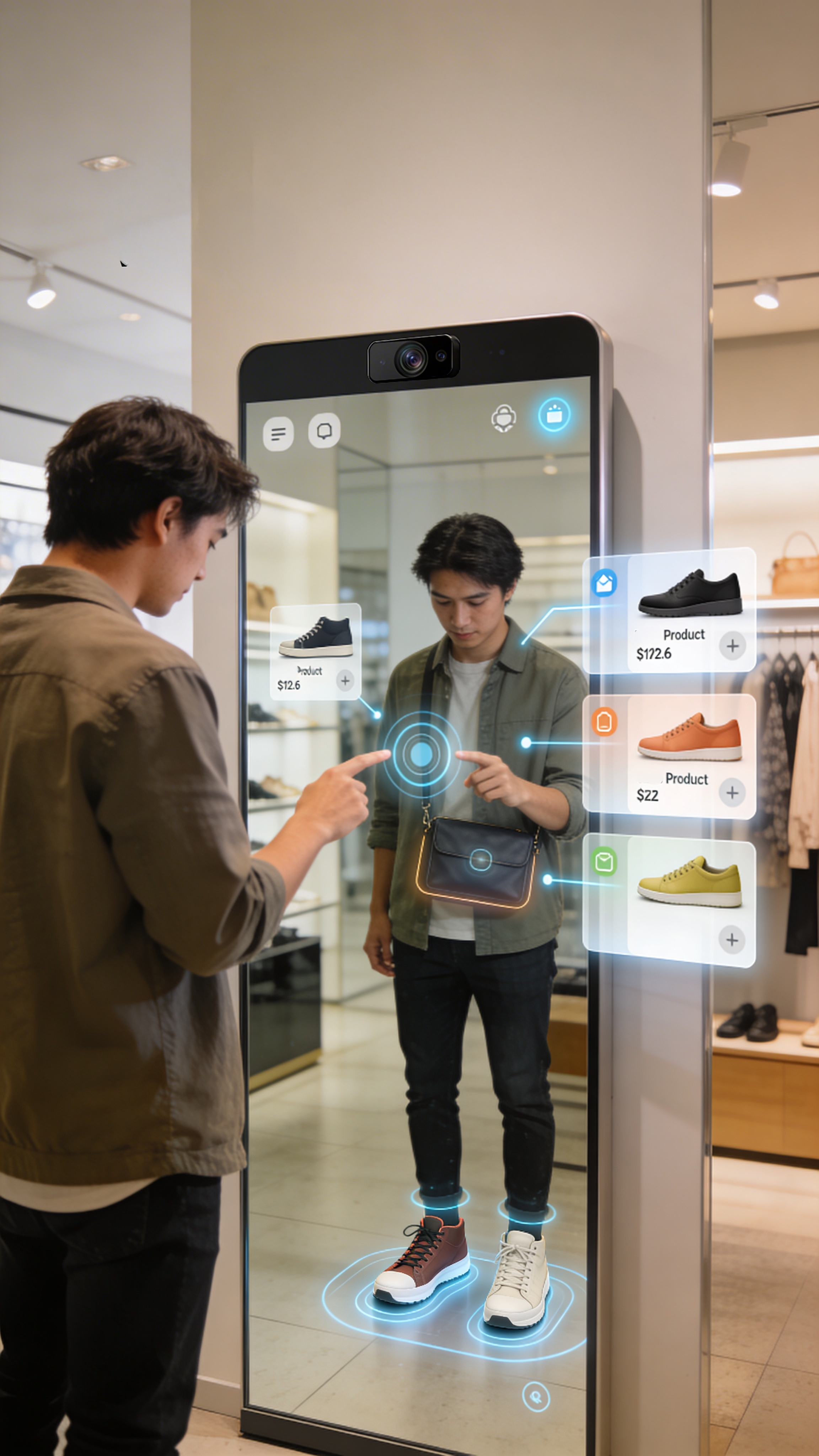 WEARFITS AR mirror in retail store with virtual shoe try-on