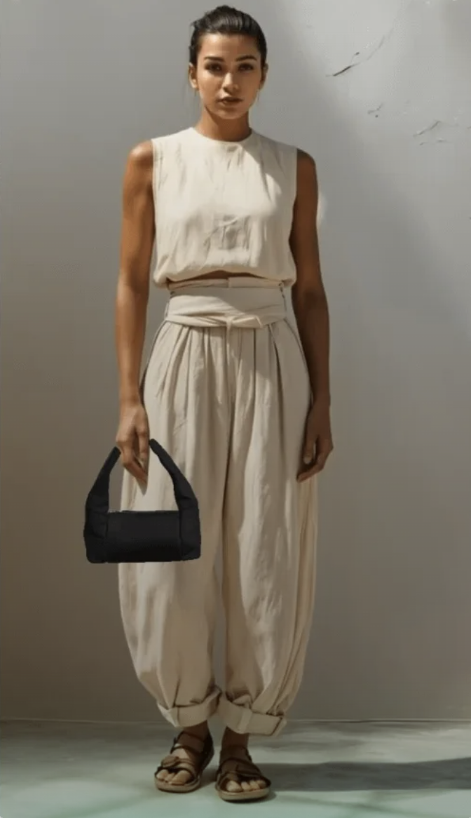 Bag try-on preview with cream outfit