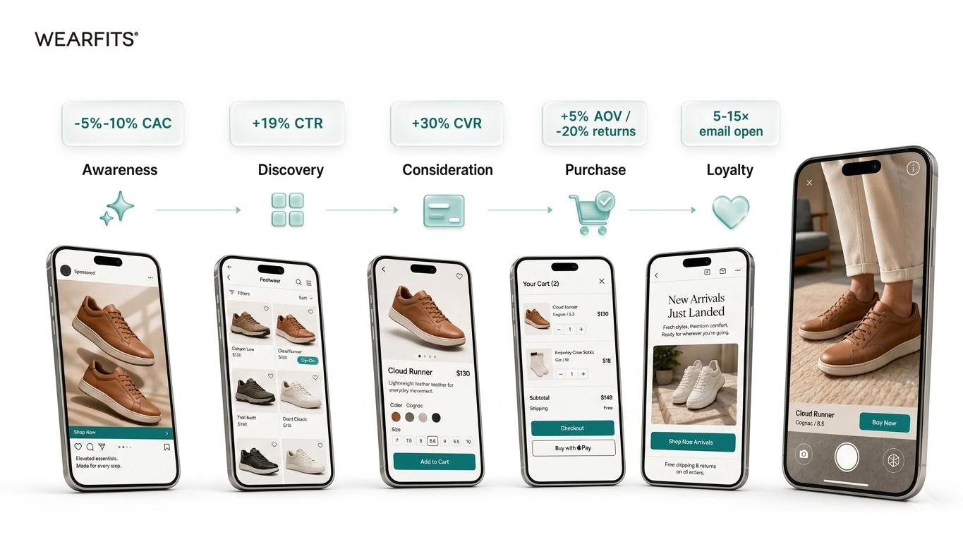 WEARFITS funnel diagram showing five e-commerce stages — awareness, discovery, consideration, purchase, loyalty — with virtual try-on connecting all of them.