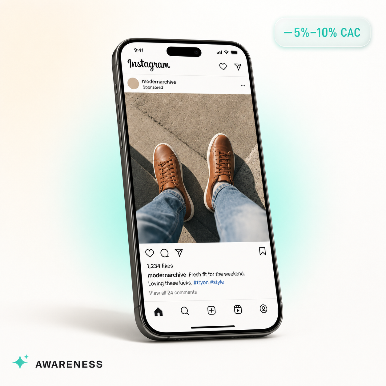 Awareness stage visual — phone screen showing a shared try-on session as social UGC.