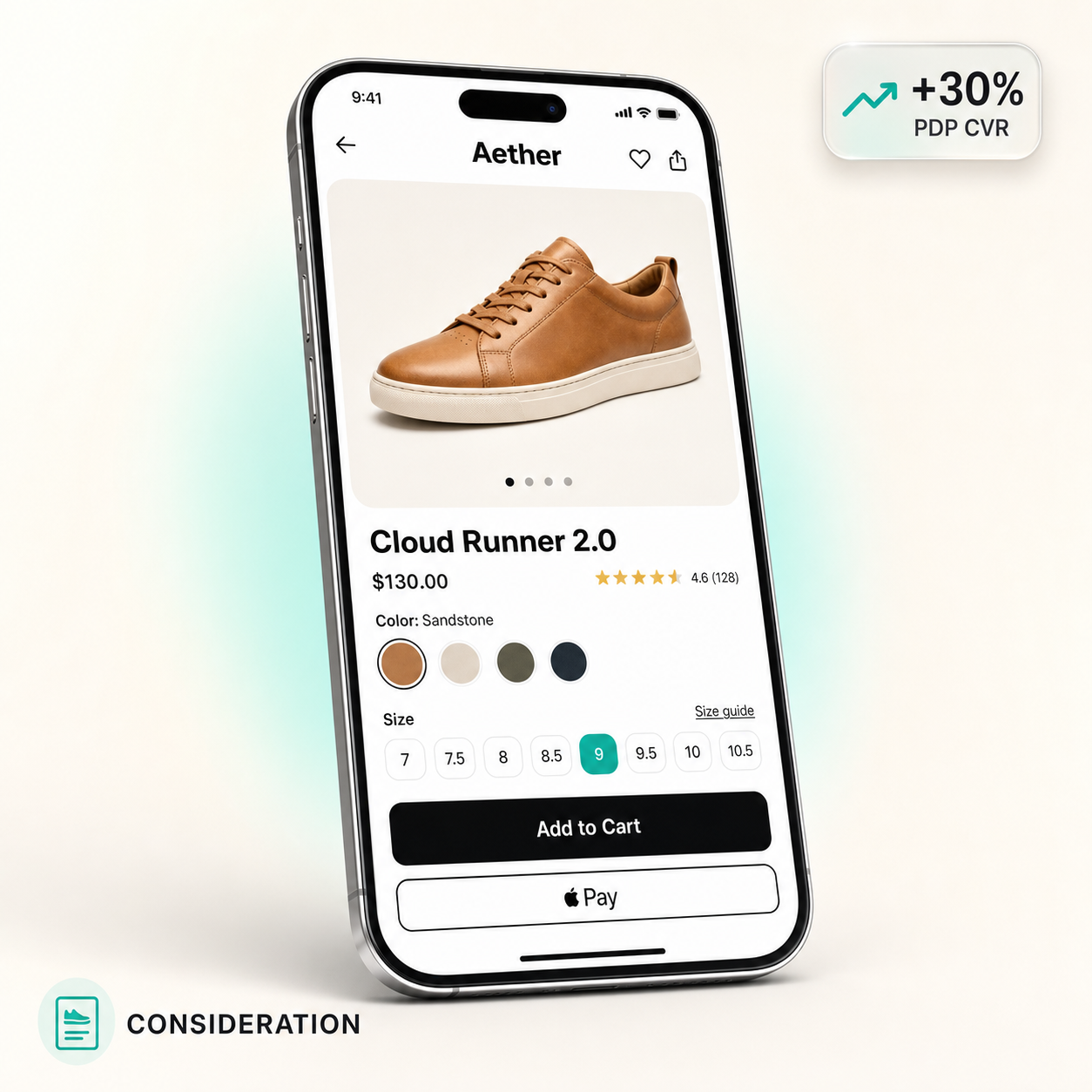 Consideration stage visual — PDP with a virtual try-on session on the customer's foot.