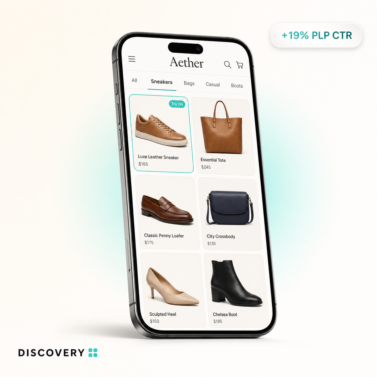 Discovery stage visual — PLP grid with a Try On badge on product tiles.