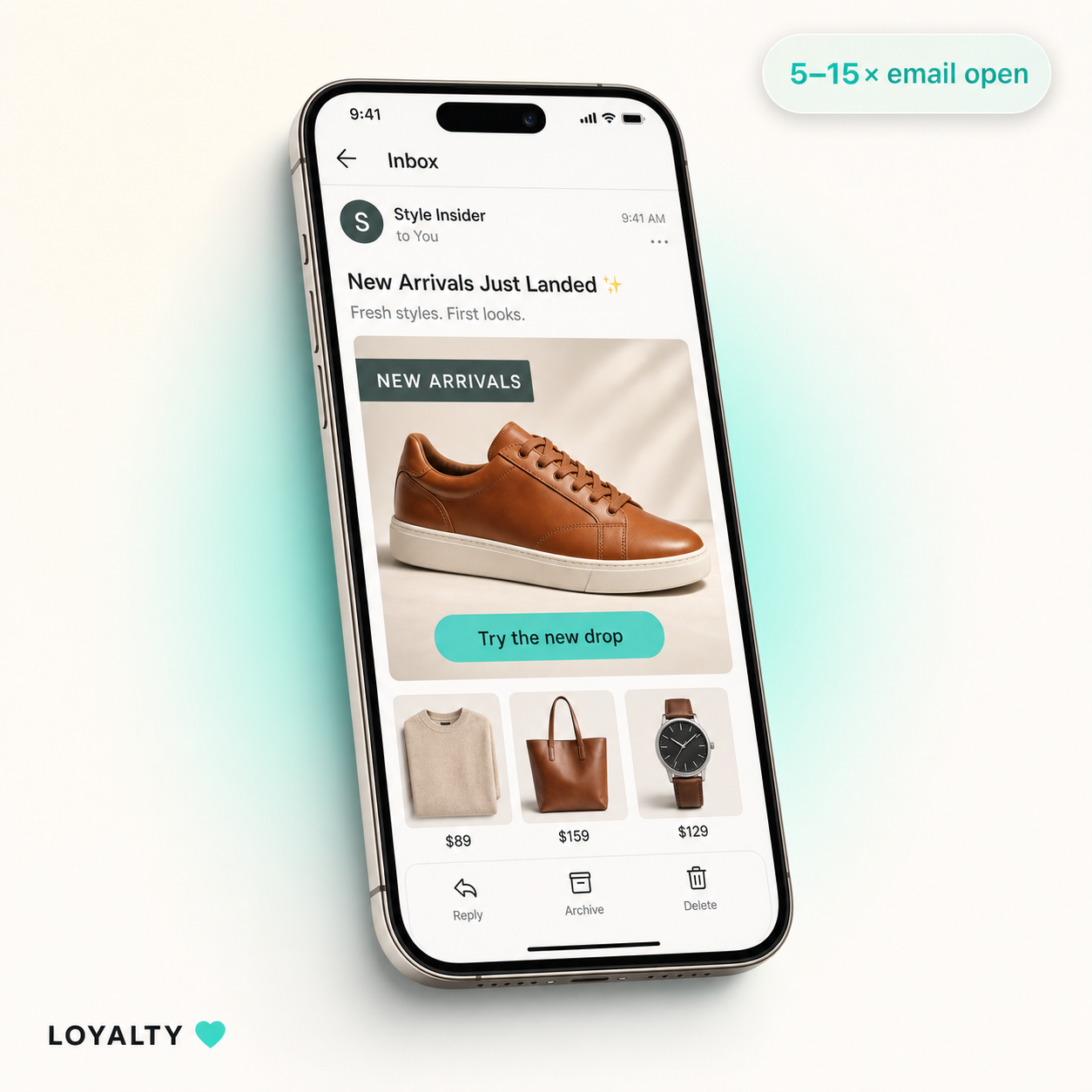 Loyalty stage visual — CRM email on a phone with a one-tap try-on link for a new drop.