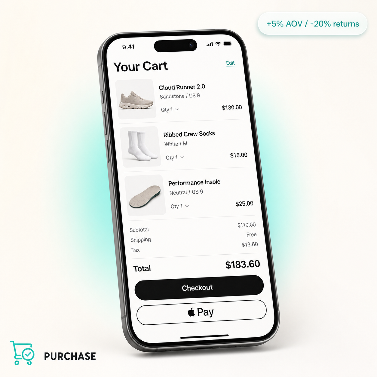 Purchase stage visual — checkout cart with two AR-tried items, lower returns highlighted.