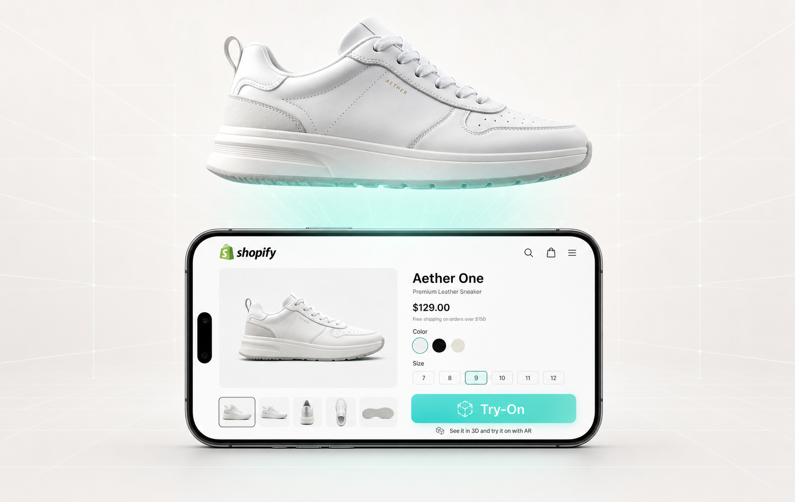WEARFITS Shopify app showing shoe virtual try-on with AR cube and floating sneaker