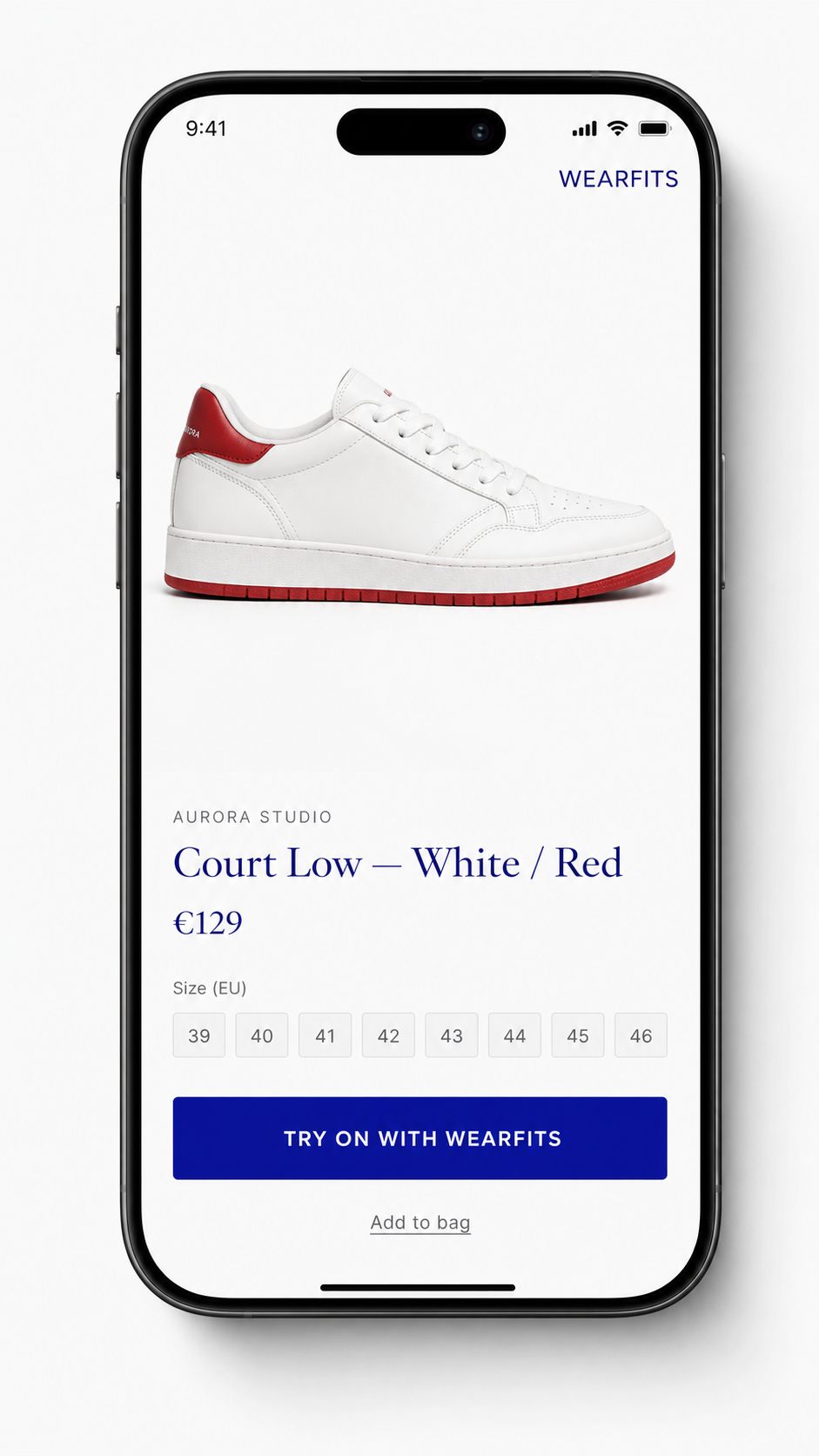 Product detail page with TRY ON WITH WEARFITS button.