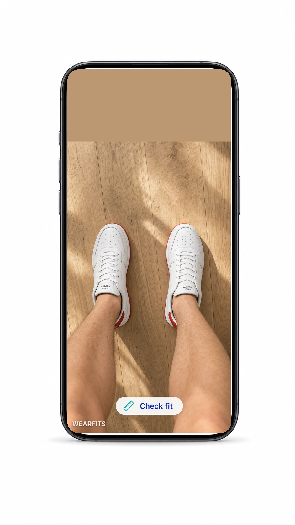 AR try-on showing both feet with sneakers and a Check fit button.
