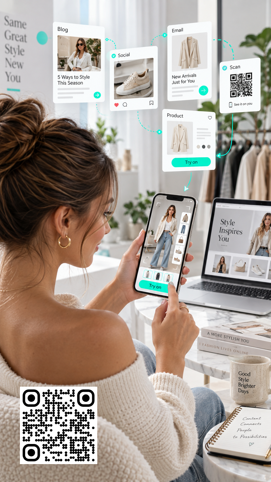 A shopper using fashion virtual try-on while connected content cards show blog, social, email, product and QR entry points.