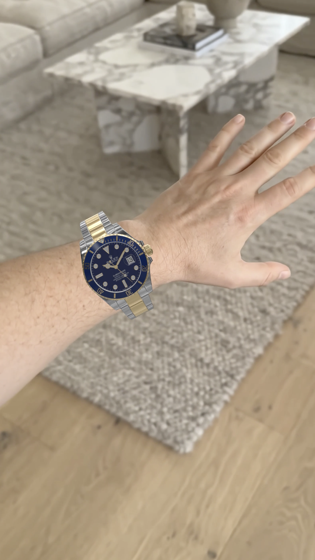 Luxury watch shown on a shopper wrist in WEARFITS AR try-on.